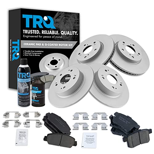 TRQ Brake Coated Rotor & Ceramic Pad Front & Rear Kit w/Fluids Compatible with Honda Accord