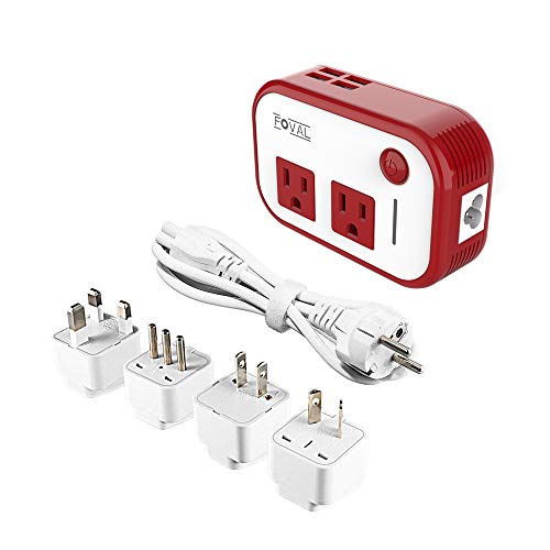 FOVAL Power Step Down 220V to 110V Voltage Converter with 4-Port USB International Power Travel Adapter in UK European Italy Asia More Than 150 Countries Over The World(Red)