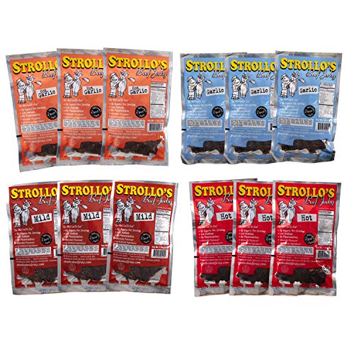 Strollo's Beef Jerky Sampler 12 Pack (3 of Each Flavor)- Low Sodium, Low Sugar, Low Carb - Made with all Natural USA Beef, USDA Certified