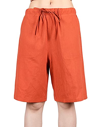 Women's Casual Linen Shorts Drawstring Elastic Waist Comfy Cotton Bermuda Short 2X-Large Brownish Red