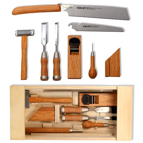 KAKURI Japanese Woodworking Tool Set, Professional Carpentry Tool Kit 8 Pcs (Japanese Pull Saws, Hammer, Chisels, Plane, Auger, Square), Japanese Red Oak, Made in JAPAN