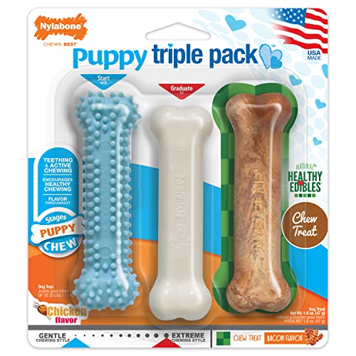 Nylabone Puppy Triple Pack - Blue Puppy Teething Toy, Nylon Dog Toy, & Chew Treat Variety Pack - Puppy Supplies - Chicken and Bacon Flavors, Small/Regular (3 Count)