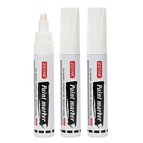 ZEYAR Paint Markers, Jumbo size, Chisel Point, Premium Waterproof & Smear Proof Ink, Aluminum Barrel, Great on Plastic, Wood, Rock, Metal and Glass for Permanent Marking (3 White Color)