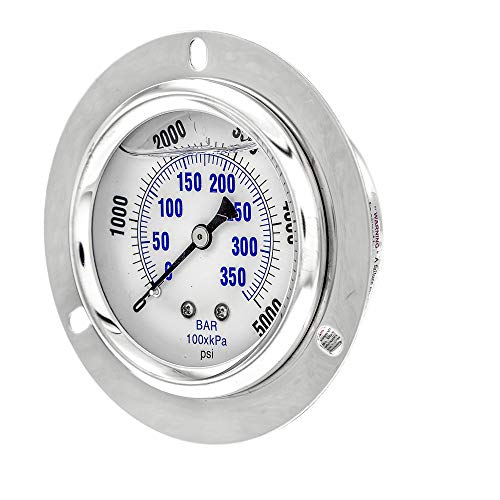 PIC Gauge PRO-204L-254R Glycerin Filled Industrial Front Flanged Panel Mount Pressure Gauge with Stainless Steel Case, Brass Internals, Plastic Lens, 2-1/2" Dial Size, 1/4" Male NPT, 0/5000 psi