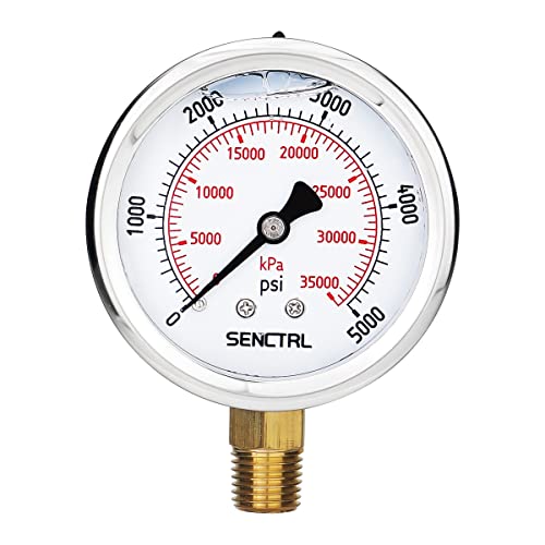 SENCTRL 5000 Psi Glycerin Liquid Filled Hydraulic High Pressure Gauge, 2.5" Dial Size, 1/4" NPT Lower Mount, Stainless Steel Case, for Air Gas Water Oil Pressure Test