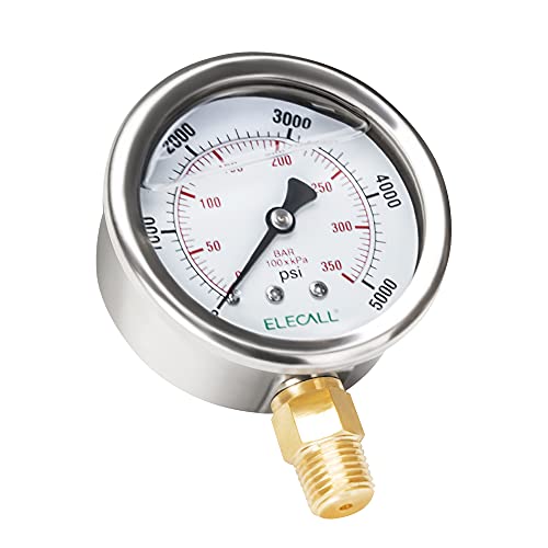 ELECALL 5000psi Silicone Oil Filled Hydraulic Pressure Gauge for Water Oil Air Pressure Test in Pool Pump Sand Filter Air Compressor Water System, 2-1/2" Stainless Steel Case, Lower Mount 1/4"NPT