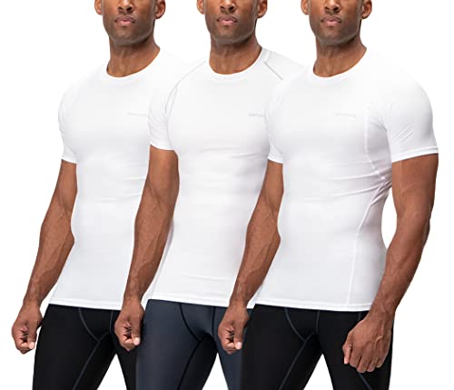 DEVOPS 3 Pack Men's Athletic Short Sleeve Compression Shirts (Medium, White/White/White)