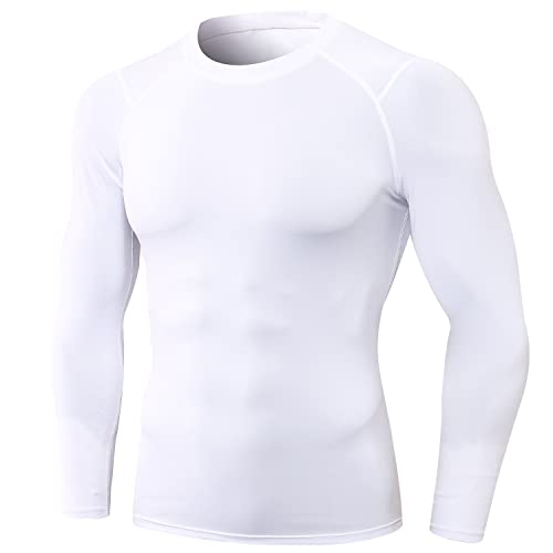 White Men's Compression Shirts Long Sleeve, Dry Fit Athletic Workout Gym Shirts Sports Base Layer Top Running T-Shirt