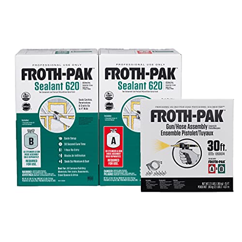 Froth-Pak 620 Spray Foam Sealant Kit, 30ft Hose. Low GWP Formula. Seals Cavities, Penetrations & Gaps Up to 4 Wide. Yields Up to 620 Board ft. Two Component, Polyurethane, Closed Cell