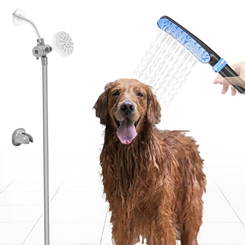 Dog Shower Attachment for Indoor/Outside,4 Setting Water Pressure Dog Wash Hose Attachment Wand Pro Pet Bath Shower Attachment 2 In 1 Dog Bathing Brushes and Scrubber with 9.8ft Flexiable Hose