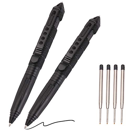 2 Pack Military Tactical Pen Set with 6 Black Ballpoint Refills for Writing, Made of Tungsten Steel & Aluminum (Black, Pack of 2)