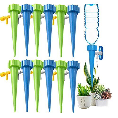 QQCherry Self Watering Spikes, 12 Pack Adjustable Plant Watering Spikes with Slow Release Control Valve Switch for Outdoor and Vacation Plant Watering6 Green&6 Blue
