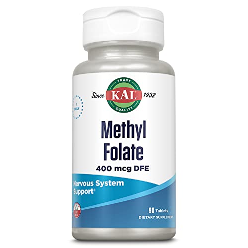 KAL Methyl Folate 400 mcg DFE, 5-MTHF Active Form Vitamin B9, Folic Acid Supplement, Heart Health, Prenatal, Mood and Brain Support, Fast Dissolving ActivTab, 60-Day Guarantee, 90 Servings, 90 Tablets
