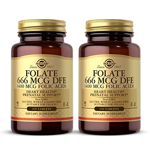 Solgar Folate 666 mcg DFE (400 mcg Folic Acid), 250 Tablets - Pack of 2 - Heart Health - Prenatal Support - Non-GMO, Vegan, Gluten Free, Dairy Free, Kosher - 500 Total Servings