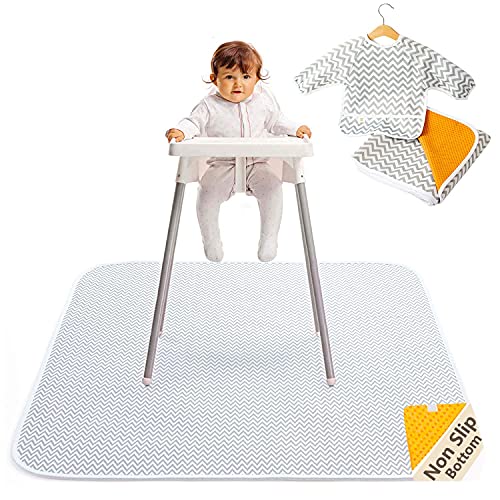 2-in-1 Waterproof Baby Splat Mat for Under High Chair (51 x 51) with Toddler Smock and Weaning Ebook - Large Non-Slip Infant High Chair Mat Food Catcher Protects Floor from Mealtime Messes