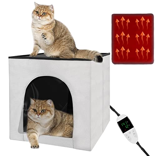 QUEARN Heated Cat House, Heating Cat Houses for Indoor Outdoor Kitty with Heating Pad, Foldable Heated Kitty House Cat Shelter for Your Pet to Stay Warm and Cozy