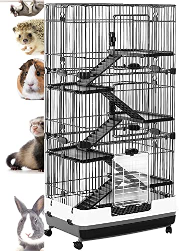 Extra Large Multi-Levels Indoor/Outdoor Small Animal Rabbit Bunny Guinea Pig Hedgehog Ferret Cat Chinchilla Squirrel Habitat Cage with Pull Out Tray Rolling Wheels (32" L x 21" W x 58" H, Black)