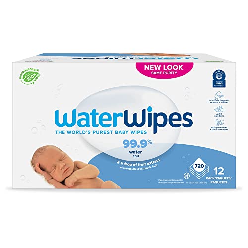 WaterWipes Plastic-Free Original Baby Wipes, 99.9% Water Based Wipes, Unscented & Hypoallergenic for Sensitive Skin, 60 Count (Pack of 12), Packaging May Vary