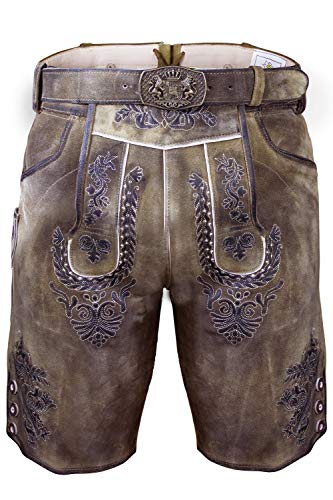 Edelnice Trachtenmode Bavarian Traditional Short Leather Trousers Valentin Lederhosen with Belt (52 (36 inch)) Brown
