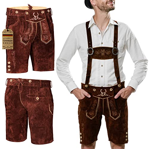 BAVARIA TRACHTEN Lederhosen for Men - Genuine Leather Authentic German Leather Pants - Leiderhausen for Men - Original Men Oktoberfest Costume/Outfit - Dark Brown - Short