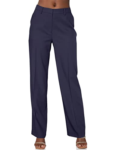 Ebifin Women's Solid Suit Pants Business Casual Trousers Straight Leg Dress Pants with Pockets Work Slacks Navy Blue