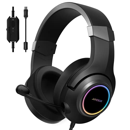 AIHOOR Gaming Headset with Virtual 7.1 Surround Sound,Over Ear Headphones,Noise Cancelling Microphone,Ultra-Low Latency Games & LED Light Soft Memory Protein Earmuffs for PC Mac Computer Games- Black