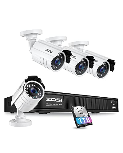 ZOSI H.265+ Full 1080p Home Security Camera System Outdoor Indoor, 5MP-Lite CCTV DVR 8 Channel with Hard Drive 1TB and 4 x 1080p Weatherproof Surveillance Camera with 80ft Night Vision, Motion Alerts