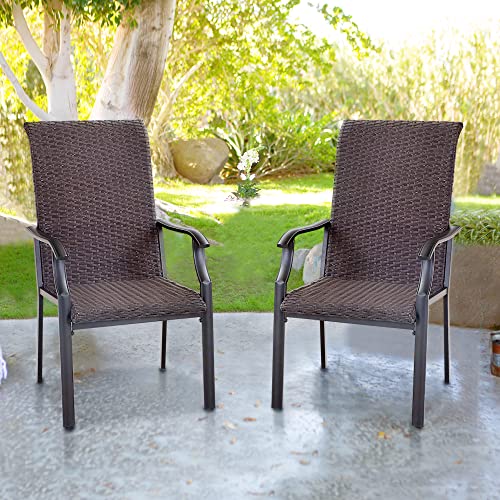 PHI VILLA Outdoor Rattan Dining Chairs Set of 2, Extra Large High Back Wicker Armchairs with Steel Frame, for Patio, Deck, Yard, Porch (Brown)