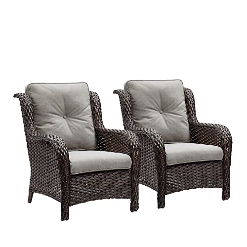 Rilyson Outdoor Wicker Patio Chairs Set of 2: Rattan Dining Chairs Porch Chairs Outdoor Club Chairs with High Back and Deep Seating (Brown/Grey)