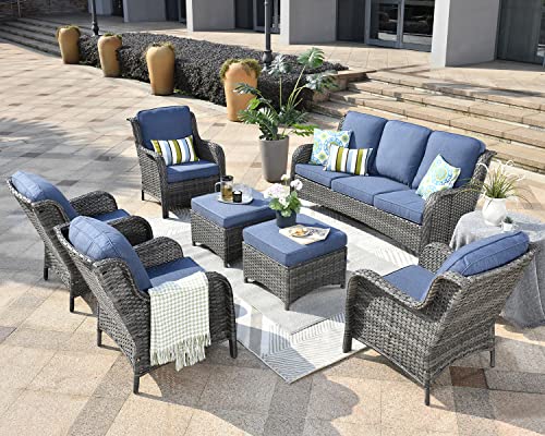 XIZZI Outdoor Furniture Patio Furniture Set 7 Pieces All Weather Wicker Patio Conversation with High Back Sofa Sectional and 2 Ottomans for Garden,Backyard and Deck,Grey Wicker Denim Blue