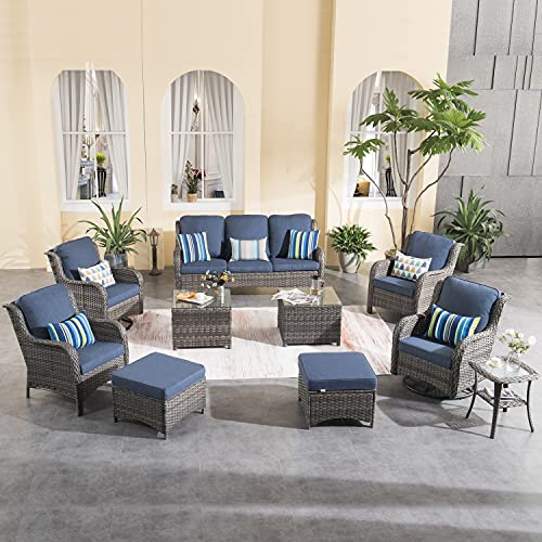 XIZZI Patio Furniture Set Wicker 10 Pieces Outdoor Conversation Deck Sofa with High Back Swivel Rocking Chairs,Ottomans and Coffee Tables,Grey Denim Blue 10 PCS-Swivel Chairs