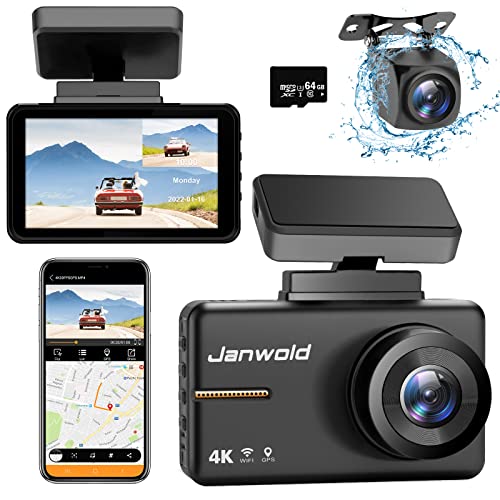 Janwold 4K Dash Cam Front and Rear, Dashcam with WiFi GPS and Speed, Front 4K Rear 1080P Dual Dash Camera for Cars, Car Camera with 64GB SD Card, Night Vision, Parking Mode, Loop Recording