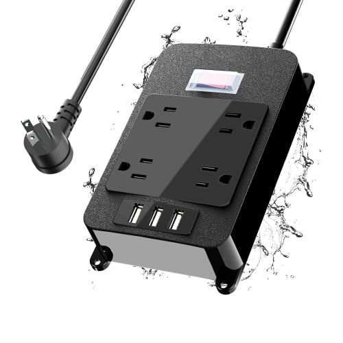 Outlet Extender, Waterproof Surge Protector Power Strip 6 Ft Cord, Outdoor Extension Cord with Multiple Outlets, 4 Wide Outlets, 3 USB Ports, Shockproof Overload Protection