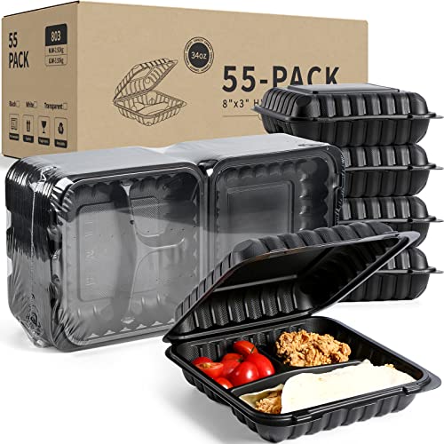 YANGRUI Clamshell Food Containers, Shrink Wrap Biodegradable 55 Pack 8 Inch To Go Containers BPA Free Microwave Freezer Safe Plastic Hinged Clamshell Take Out Containers