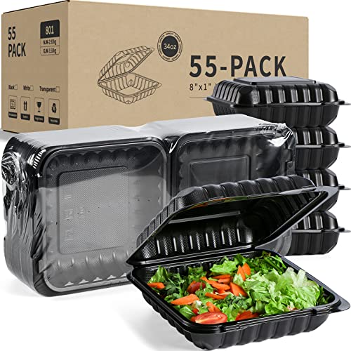 YANGRUI To Go Containers, Shrink Wrap Biodegradable 55 Pack 8 Inch Plastic Hinged Take Out Containers BPA Free Microwave Freezer Safe Clamshell Food Containers