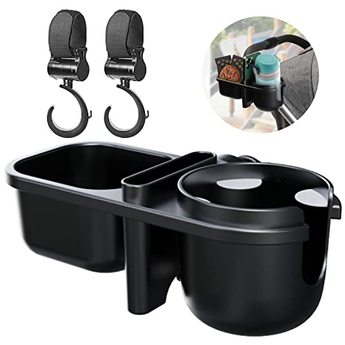 3 in 1 Stroller Cup Holder with 2 Stroller Hooks for Hanging Diaper Bags, Purse - Upgraded Removable Universal Cup Holder with Phone Holder & Snack Tray for Stroller, Bike, Wheelchair, Walker, Scooter