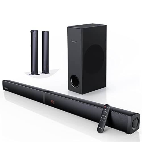 MEREDO Sound bar with Subwoofer 180W Detachable 2 in 1 Sound Bars for TV 2.1CH Treble & Bass Adjust 5 EQ Modes ARC/Optical/AUX/Bluetooth 12L Deep Bass for Home Theater Wall Mount-37 Inch