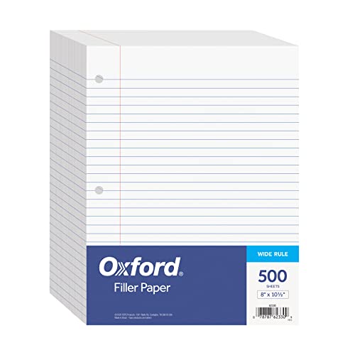 Oxford Filler Paper, 8.5 x 11 Inch Wide Ruled Paper, 3 Hole Punch, Loose Leaf Notebook Paper for 3 Ring Binders, 500 sheets (62330), white