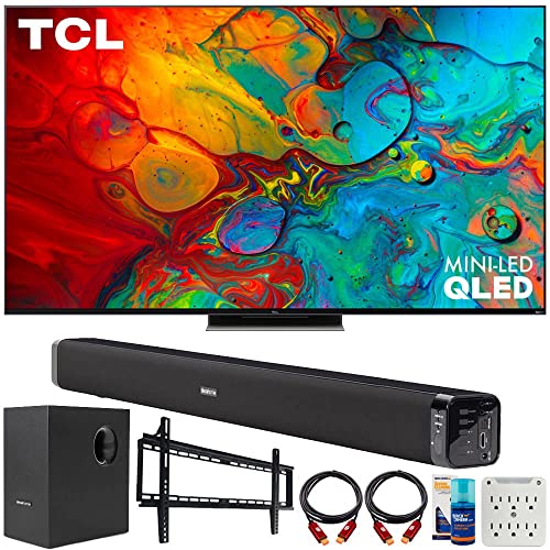 TCL 65" Class 4K Mini-LED UHD QLED Dolby Vision HDR Smart Roku TV Bundle with Deco Gear Home Theater Soundbar with Subwoofer, Wall Mount Accessory Kit, 6FT 4K HDMI 2.0 Cables and More