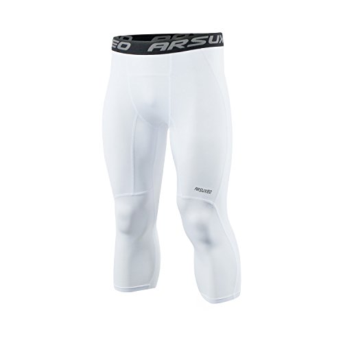 ARSUXEO Men's 3/4 Running Compression Tights Capri Pants K75 White Size Large