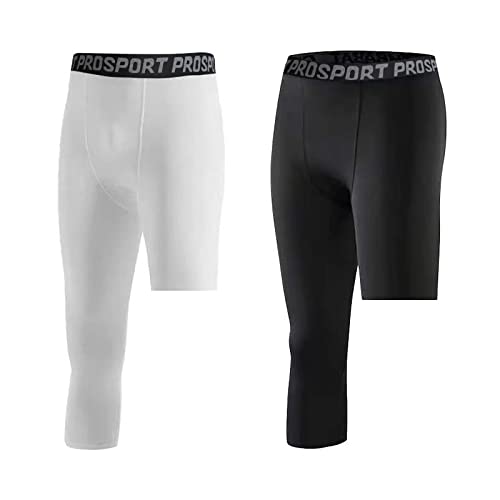 FIHOLL 2 Pack Mens Compression Pants One Leg 3/4 Capri Tights Leggings Athletic Base Layer for Gym Running Basketball, White+black (Right 3/4)
