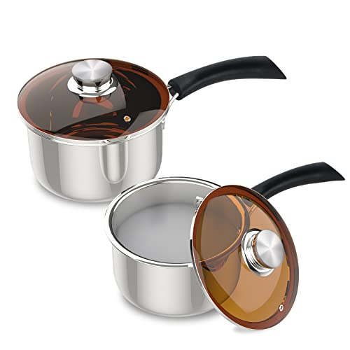 Kerykwan Stainless Steel Saucepan Set with Glass Lid 1.5 Quart&2 Quart Sauce Pan Pot with Cover Restaurant Nonstick Milk Soup Pan for Kitchen Home Restaurant (1.5 Quart+2 Quart)