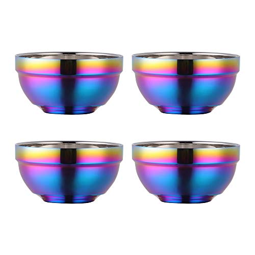 Large Rainbow 304 Stainless Steel Bowl Set of 4, Double-Walled Heat Insulation Anti-Scalding Kitchen Soup Bowls, Drop Resistance Children Bowl Salad Bowl Set for Mixing (5.1 Inches Diameter)