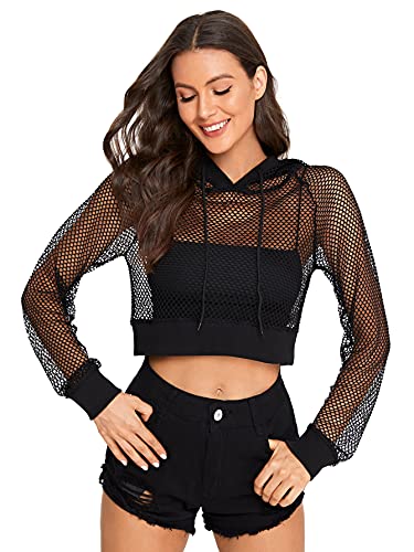 Verdusa Women's Sexy Long Sleeve Fishnet Pullover Hooded See Through Mesh Crop Top Black M