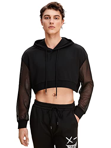 WDIRARA Men's Drawstring Mesh Long Sleeve Hoodie Sweatshirt Pullover Crop Top Black M