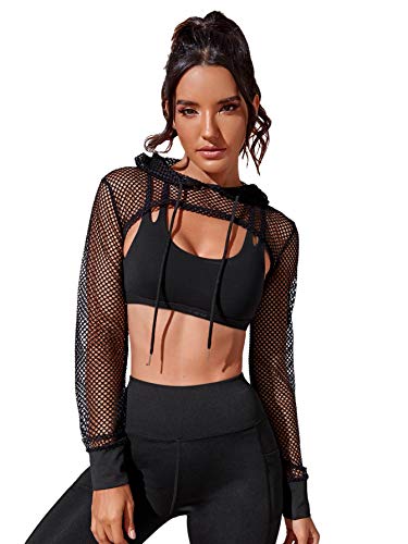 SweatyRocks Women's Fishnet Mesh Long Sleeve Pullover Crop Top Hoodie Black 3 XL