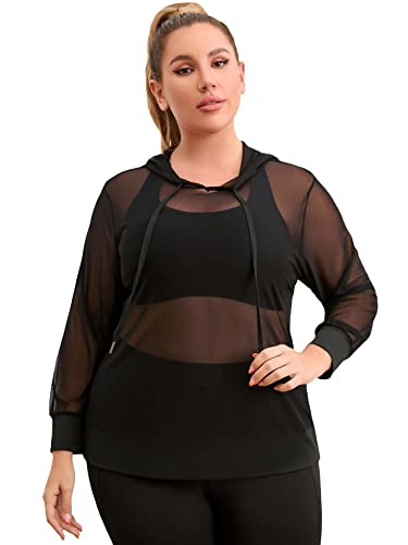 Milumia Women's Plus Size Drawstring Sheer Mesh Hoodie Long Sleeve Hooded Sweatshirt Black XX-Large Plus
