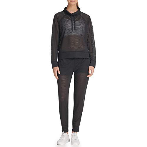DKNY Women's Pullover Sweatshirt, Black Mesh with Sporty Logo Patch, XL