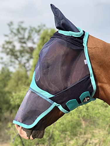 TGW RIDING Horse Mask Full Face Mesh Mask Fine Mesh with Ears and Long Nose (Cob, Black/Turquoise)