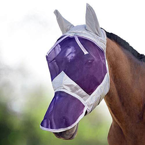 Harrison Howard CareMaster Horse Fly Mask Long Nose with Ears Full Face Silver/Purple Retro Large Full Size